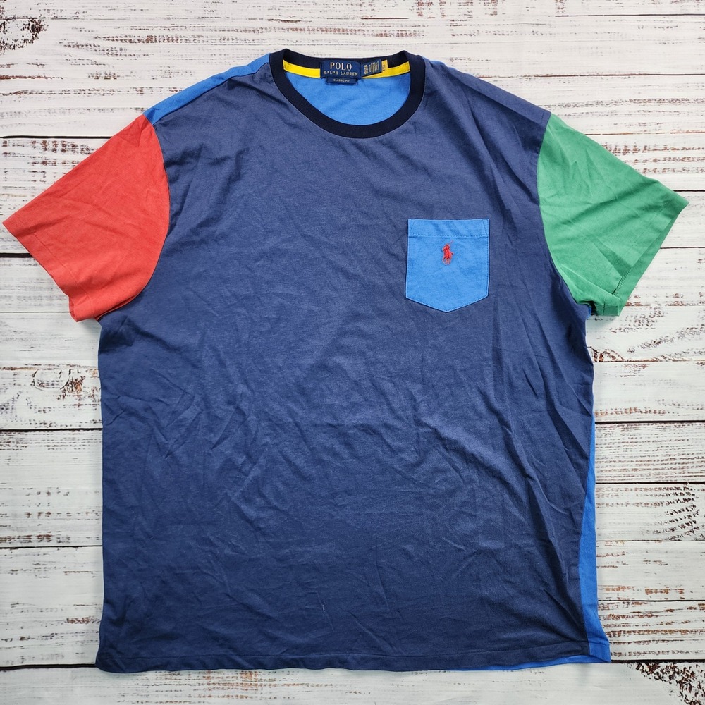 Polo Ralph Lauren Classic Fit Color-Block Pocket T-Shirt Mens XL‎ Navy Blue Red